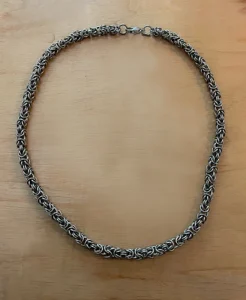 Stainless steel byzantine weave chainmail necklace.